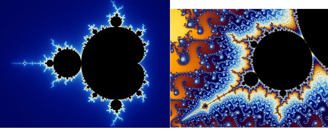 Pictures the Mandelbrot set, a canoncical circular snowflake shaped fractal, at two scales.