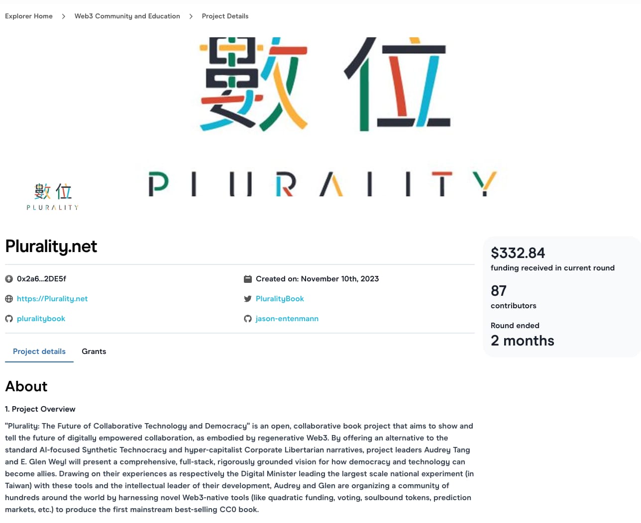 Screenshot of The project page for the plurality book on Gitcoin. It shows details and a description of the project, contacts, the date it was created, how many rounds have ended, the number of contributors, and the amount received to date.