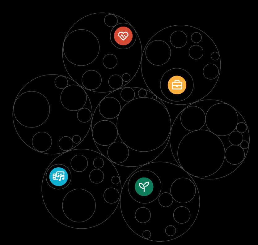 Bubbles filled with smaller bubbles, some of which contain symbols of the social areas of workplace, media, health and environment.
