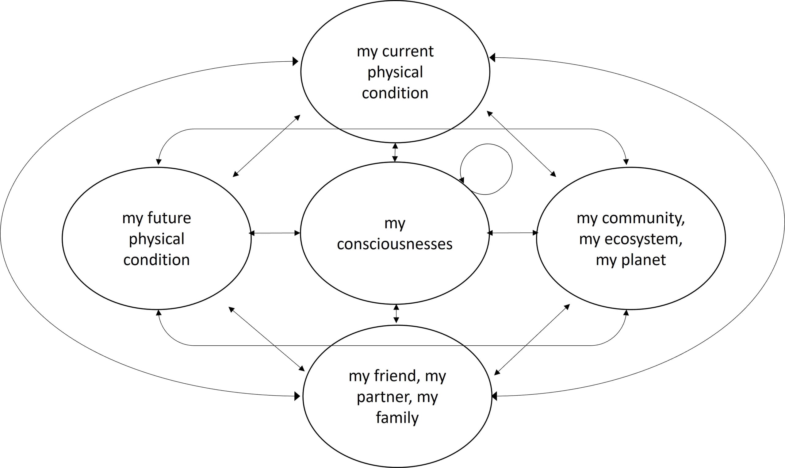 Diagram displaying the interconnected aspects of health; bubbles, each with arrows connecting them read: 'my consciousness', 'my current physical condition', 'my community, my ecosystem, my planet','my friend, my partner, my family', 'my future physical condition' 